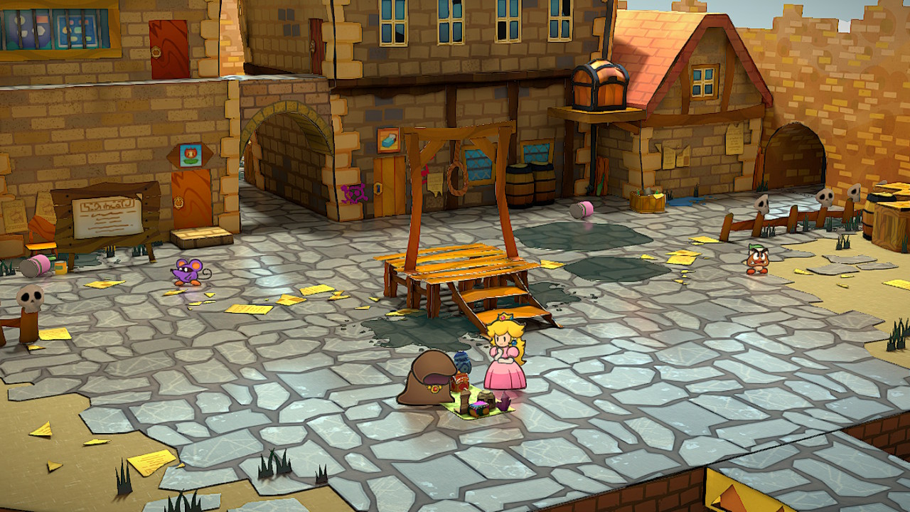 צילום מסך מתוך Paper Mario: The Thousand-Year Door מראה את הנסיכה אפרסק מבקרת בעיירה Rogueport