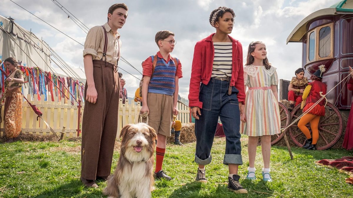 Diaana Babnicova as George, Elliott Rose as Julian, Kit Rakusen as Dick and Flora Jacoby Richardson as Anne with Timmy the dog in