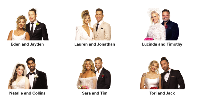 נשואים ממבט ראשון אוסטרליה עונה 11 זוגות בתמונה ביום חתונתם בתלבושות של חתן וכלה.