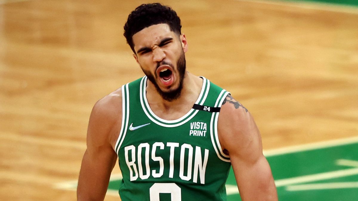 Jayson Tatum #0 of the Boston Celtics celebrates ahead of the 2024 NBA Play-offs