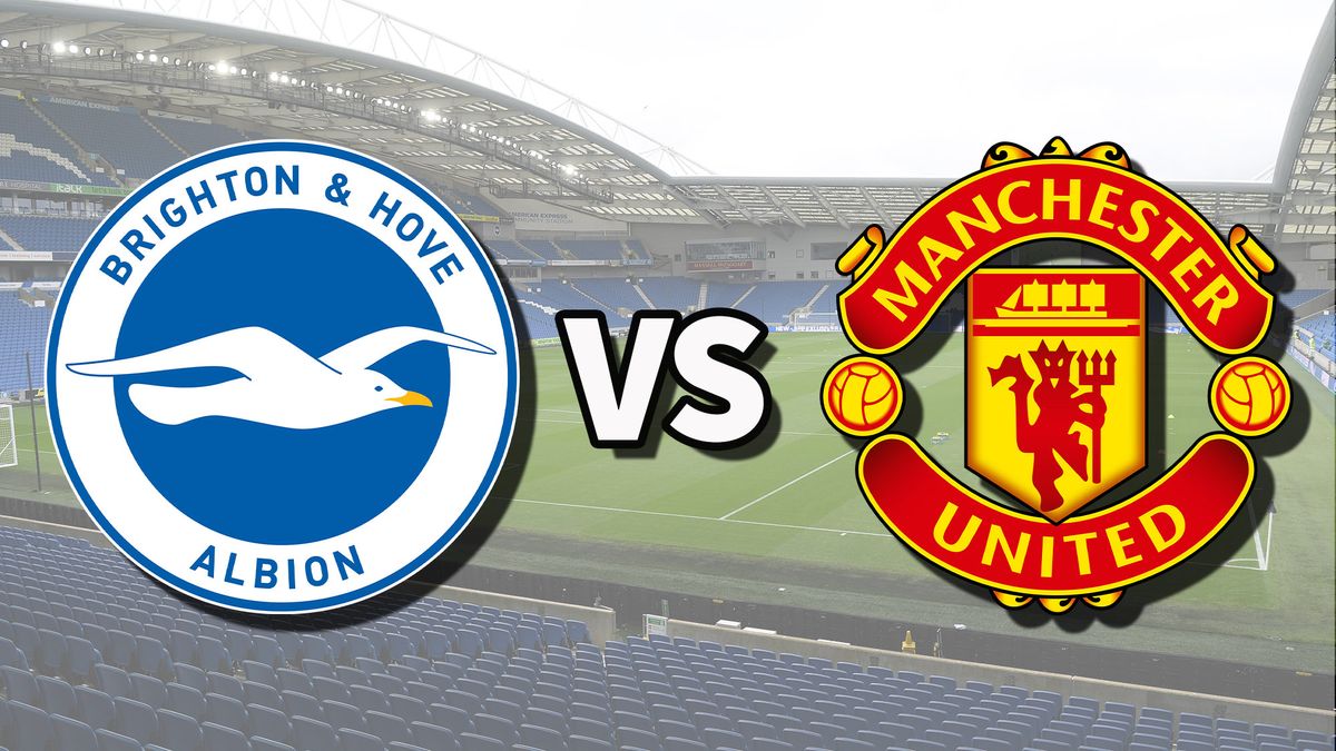 The Brighton & Hove Albion and Manchester United club badges on top of a photo of The Amex Stadium in Brighton, England