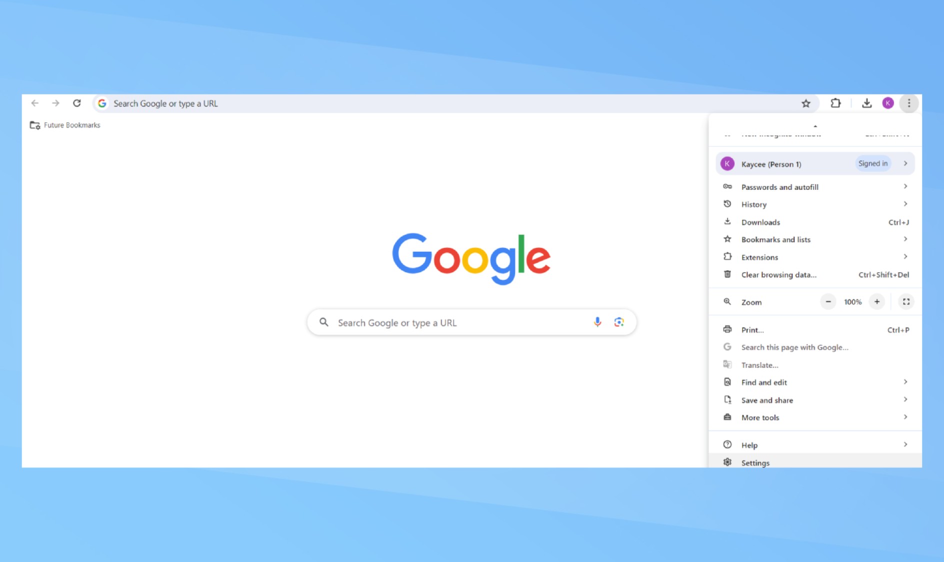 צילום מסך של Google Chrome עם תפריט הדפדפן בן שלוש הנקודות נפתח.  אפשרויות התפריט מוצגות, כשההגדרות מסומנות. 