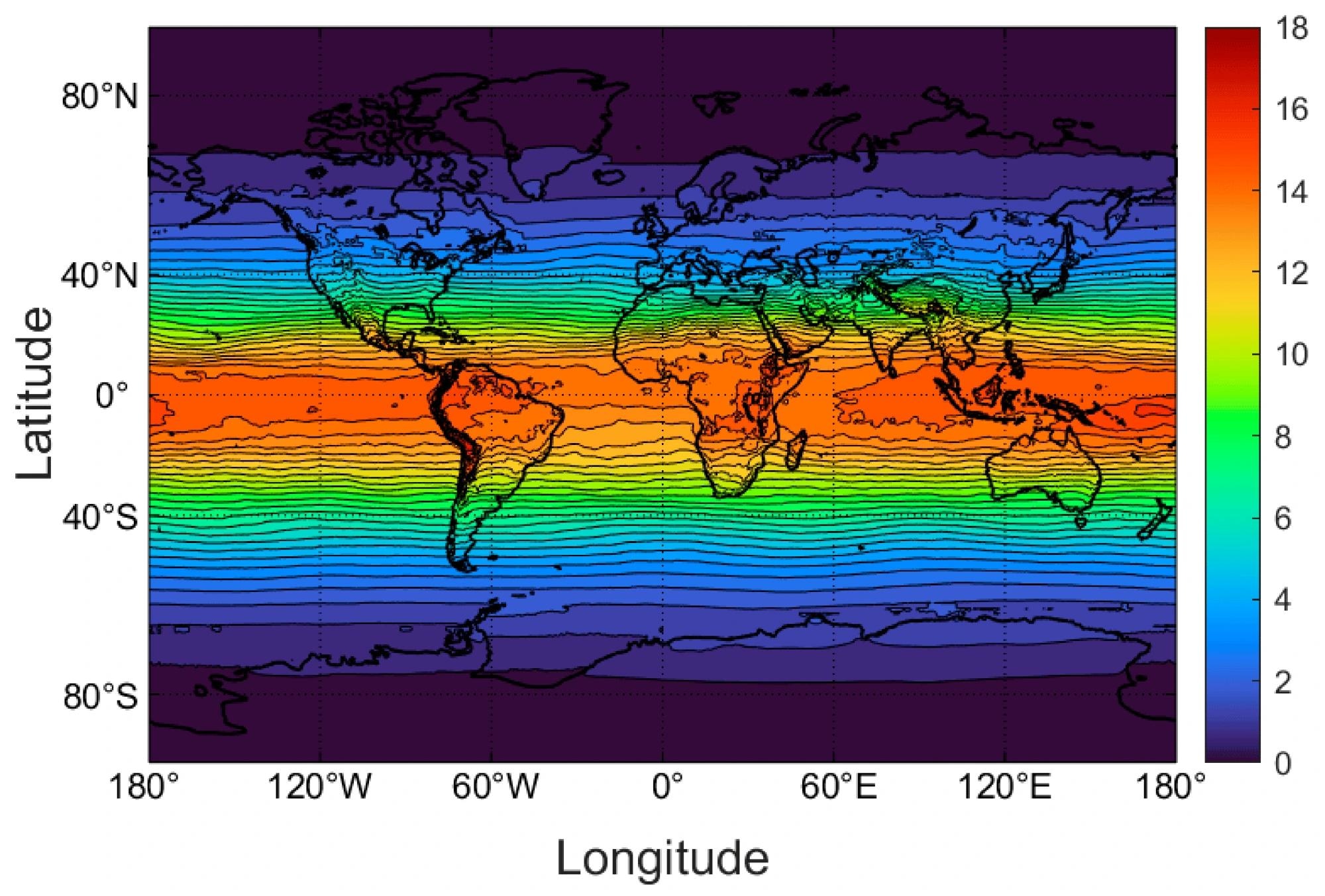 Midday mean clear-sky UVI values averaged over the days of March, 2004–2020. While generally latitude-dependent, the UVI is also influenced by column ozone (less in the Southern Hemisphere, especially at high latitudes), and altitude (most noticeable with the Andes on the west coast of South America). Study: Globally Estimated UVB Exposure Times Required to Maintain Sufficiency in Vitamin D Levels