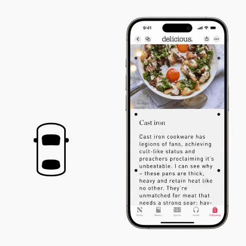 אנימציה של Vehicle Motion Cues המציגה נקודות באייפון המגיבות לתנועת כלי רכב