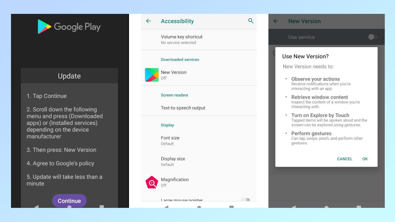 צילומי מסך המראים כיצד התוכנה הזדונית Antidot מתחזה ל-Google Play