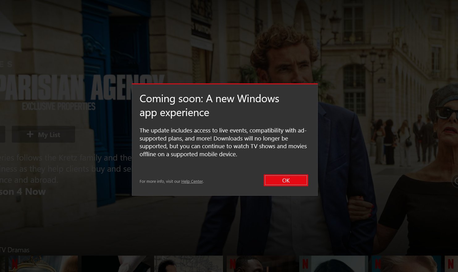 הודעת אפליקציית Windows של Netflix