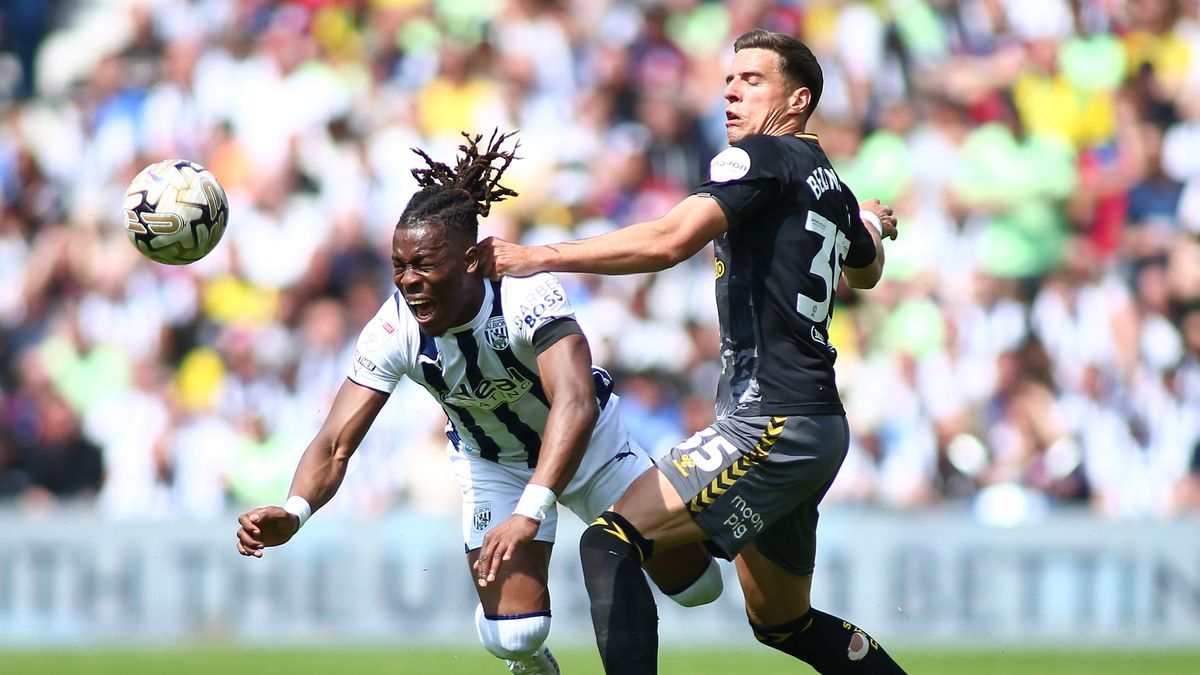 Jan Bednarek of Southampton fouls Brandon Thomas-Asante of West Bromwich Albion ahead of the Sky Bet Championship Play-Off Semi-Final Southampton vs West Brom