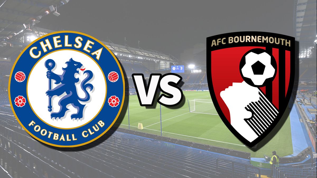 The Chelsea and AFC Bournemouth club badges on top of a photo of Stamford Bridge in London, England
