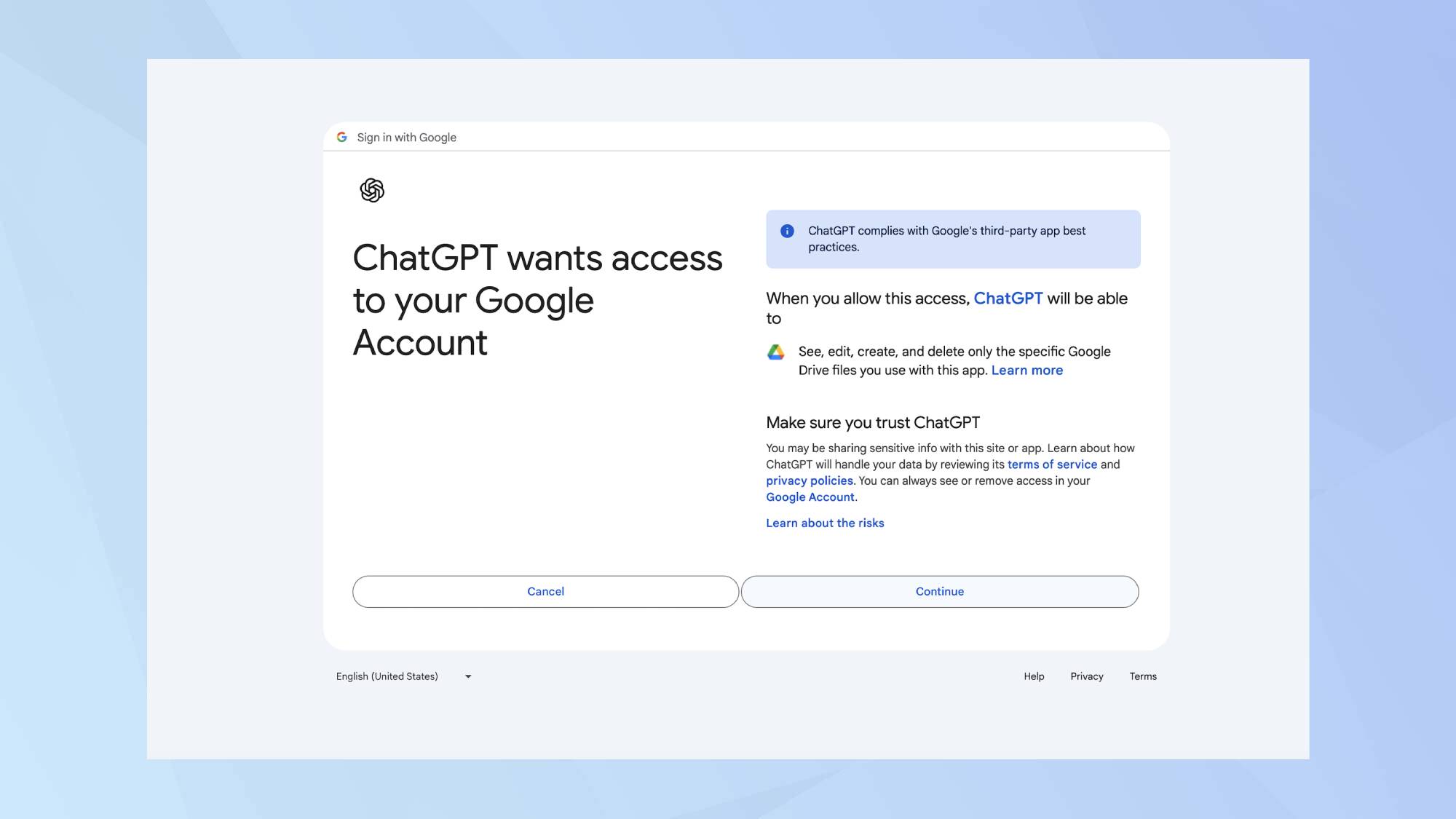 צילום מסך של דף אישור הגישה ל-Google Drive לקישור ל-ChatGPT. 