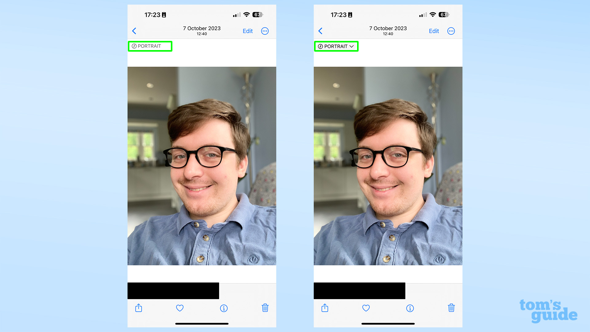 צילומי מסך המציגים את אותה תמונה עם שתי אפשרויות שונות של מצב דיוקן לאחר שנשלחו על ידי AirDrop ב-iOS 17.5