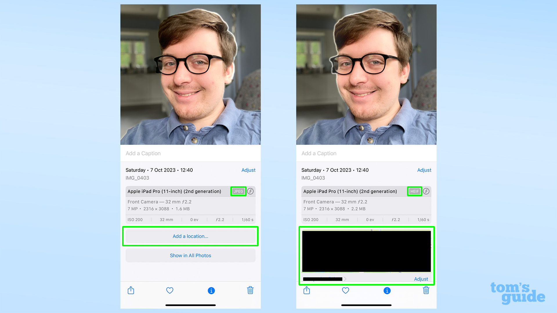 צילומי מסך המציגים את ההבדל במטא נתונים של תמונות ב-iOS 17.5