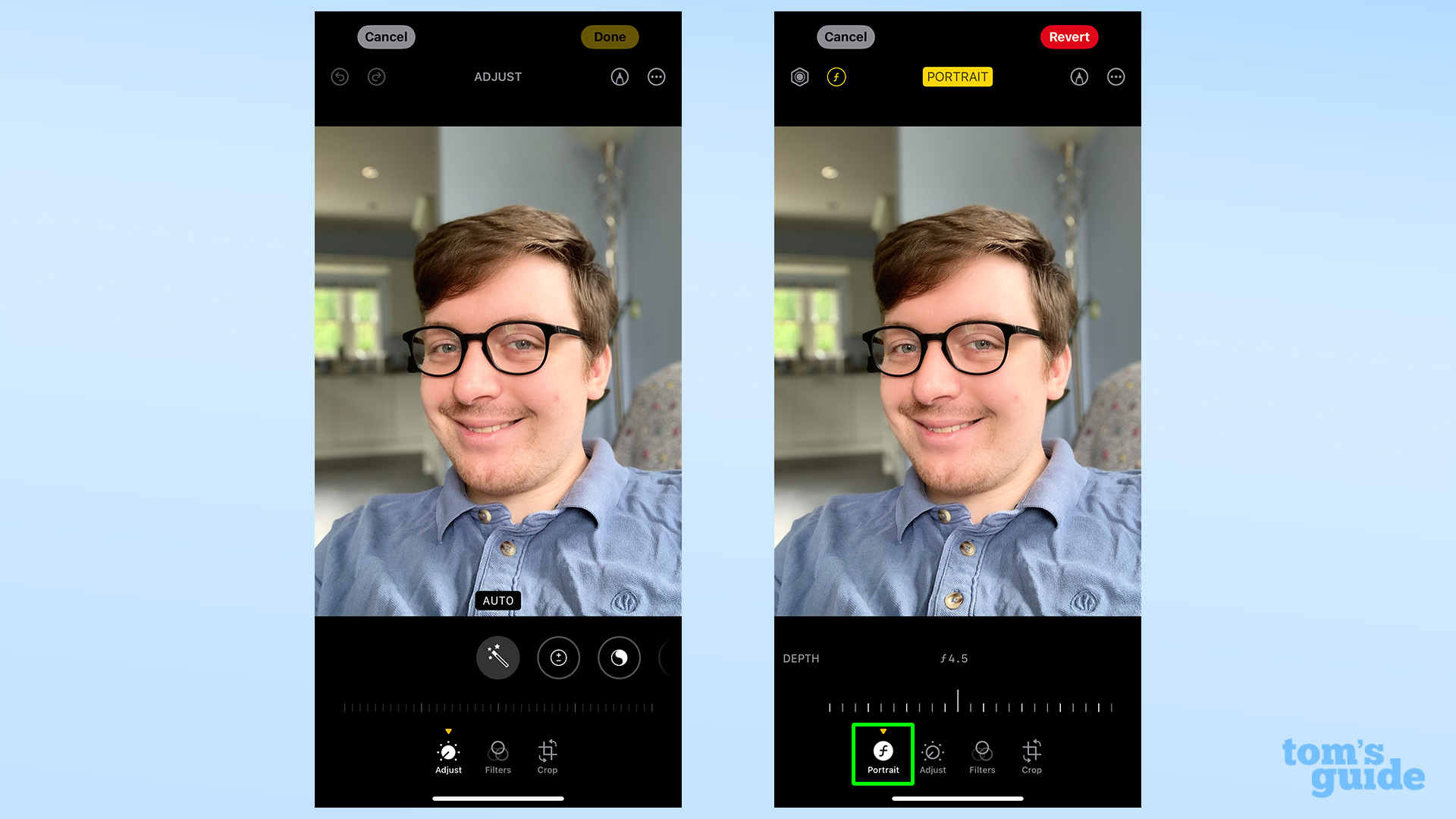 צילומי מסך המציגים שתי תצוגות עריכה שונות של תמונות שנשלחו עם הגדרות AirDrop שונות ב-iOS 17.5