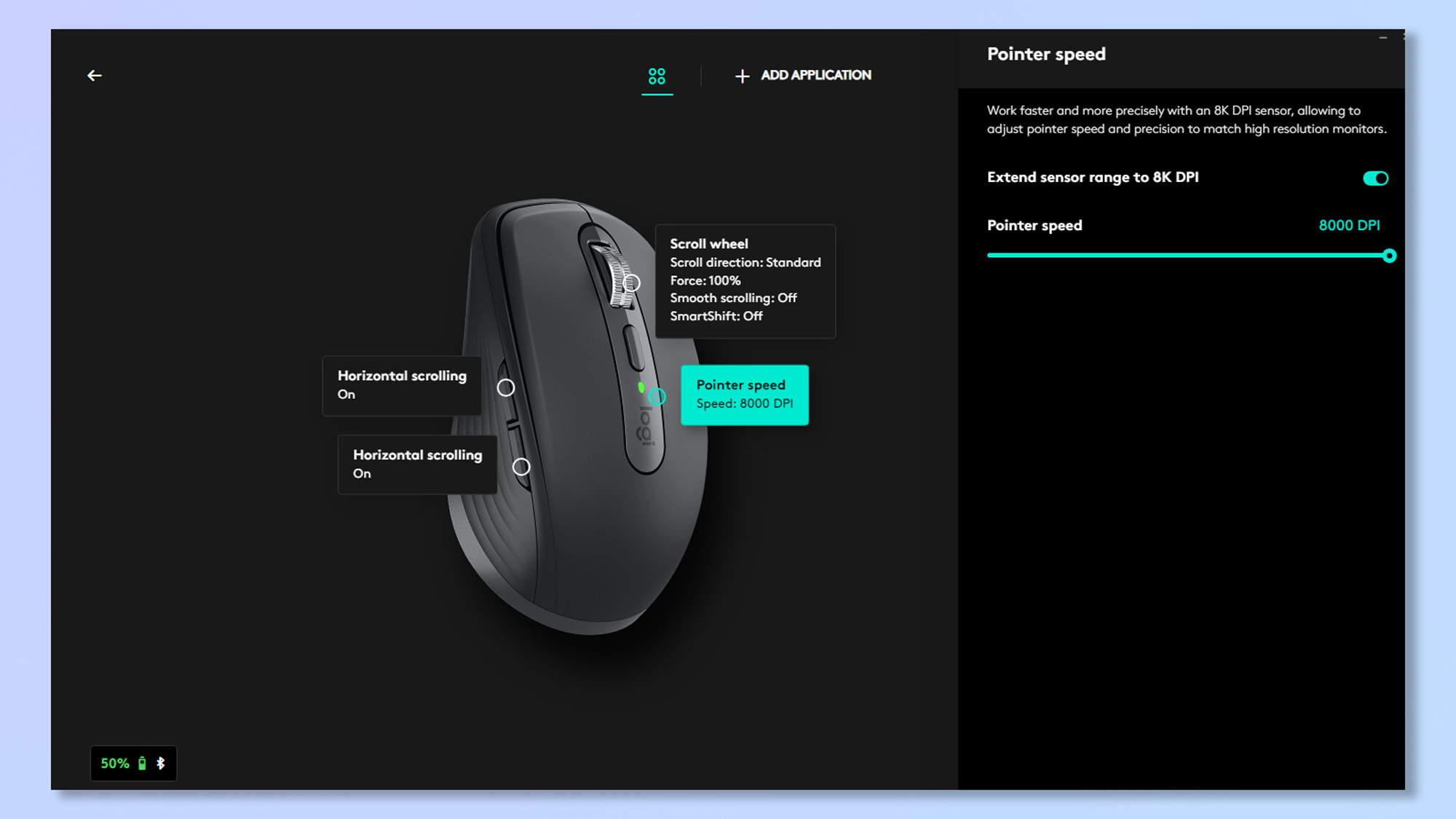 צילום מסך של תוכנת Logitech Logi Options+ המשמשת כדי לכוונן את ההגדרות של העכבר האלחוטי Logitech MX Anywhere 3S.