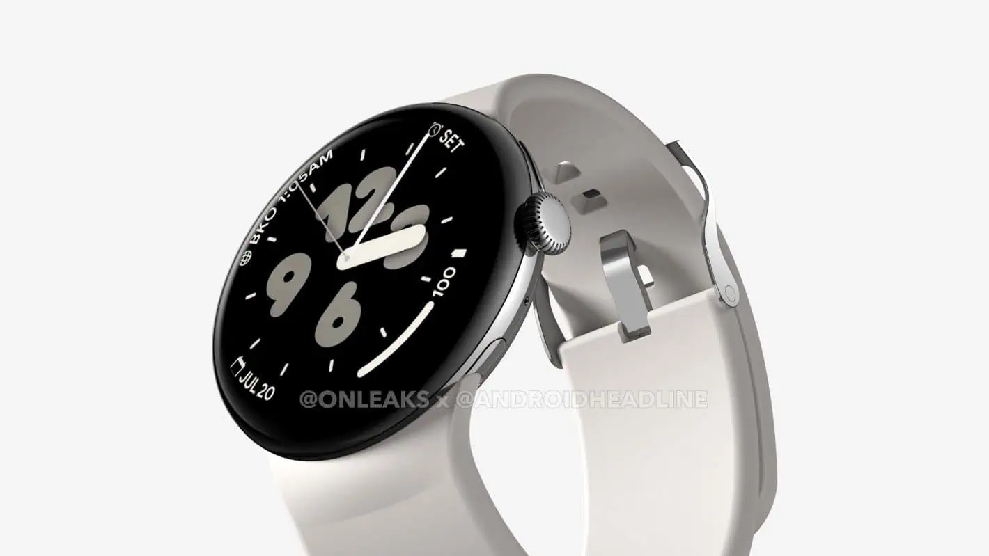 תמונה דלפה של השעון החכם Google Pixel Watch 3 XL, תצוגה מקרוב של הרצועה