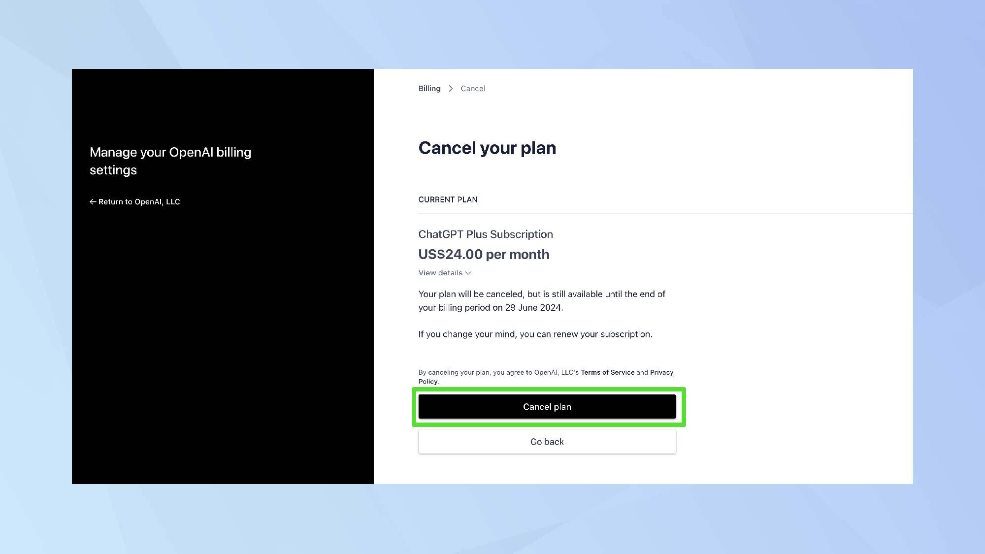 ביטול תוכנית מסומן כדי לאשר את הביטול. 