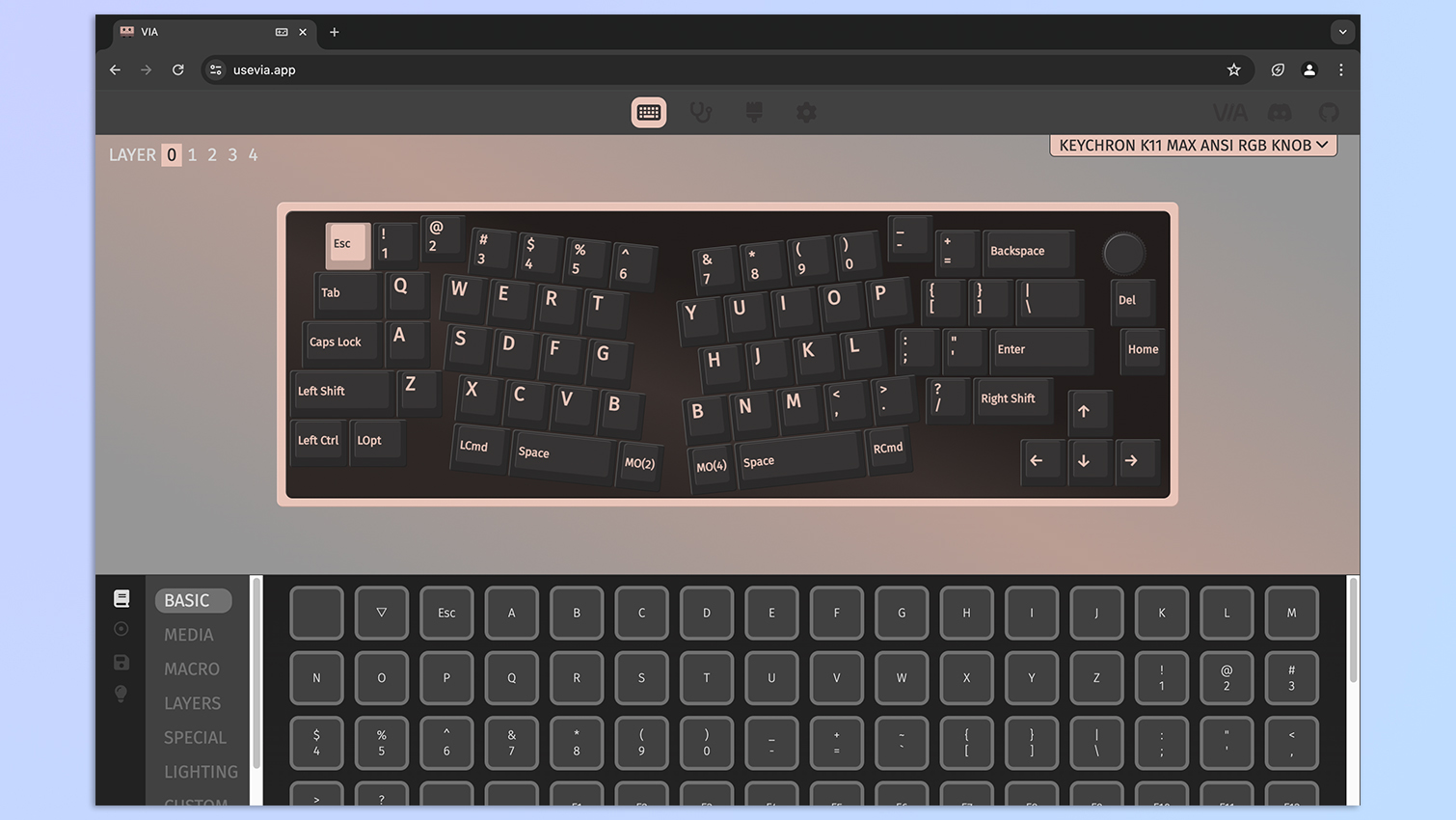 צילום מסך של אפליקציית Via Web המראה את ה-Keychron K11 Max בהתאמה אישית