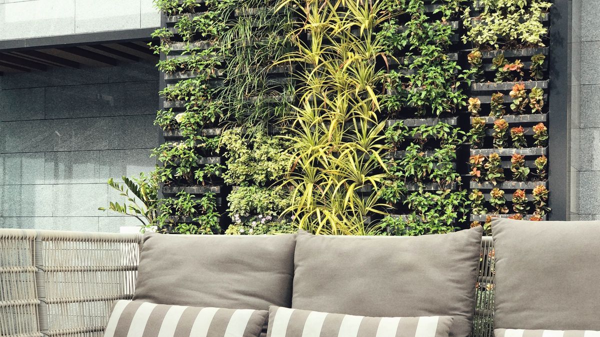 Row of blue wagon planters