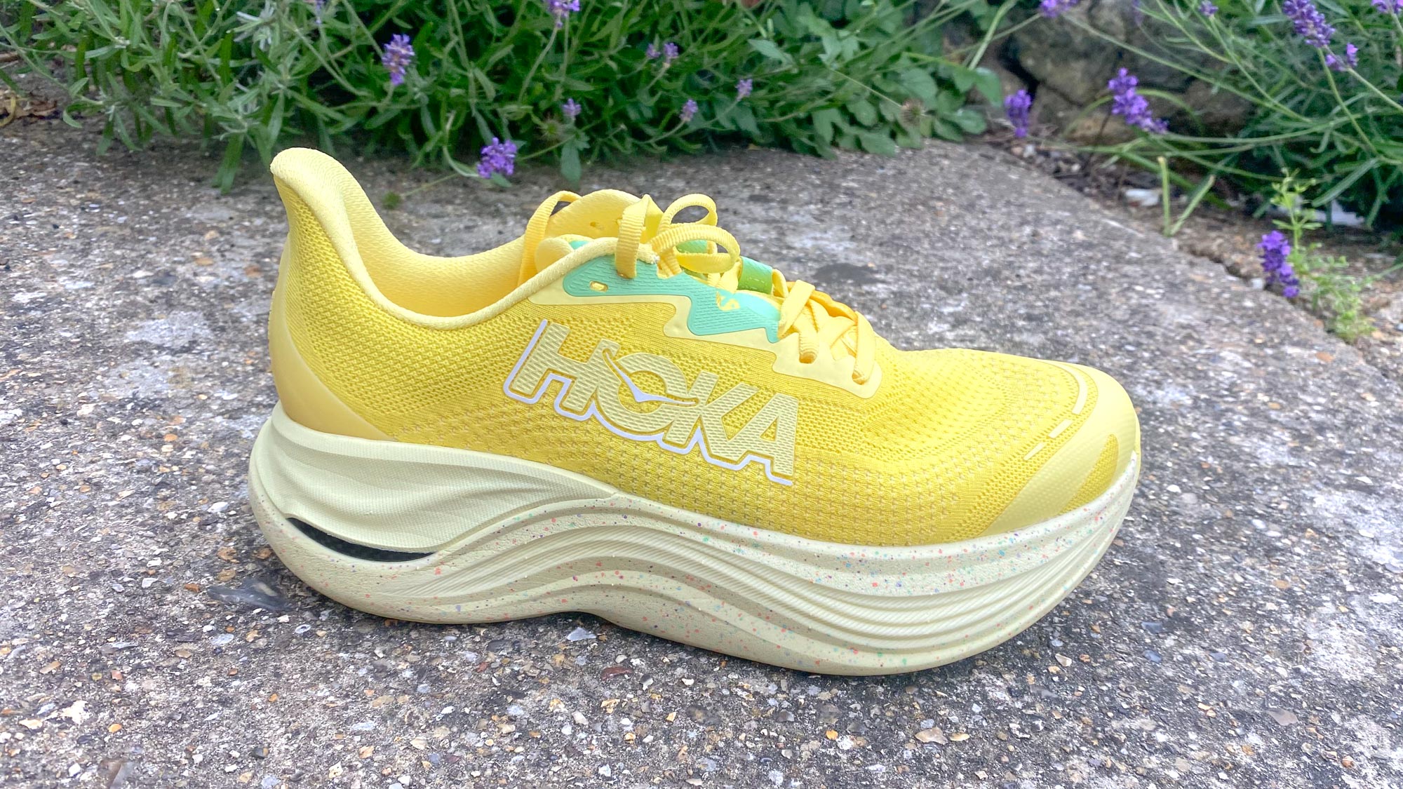ה-Hoka Skyward X מול כמה פרחים על מדרכה