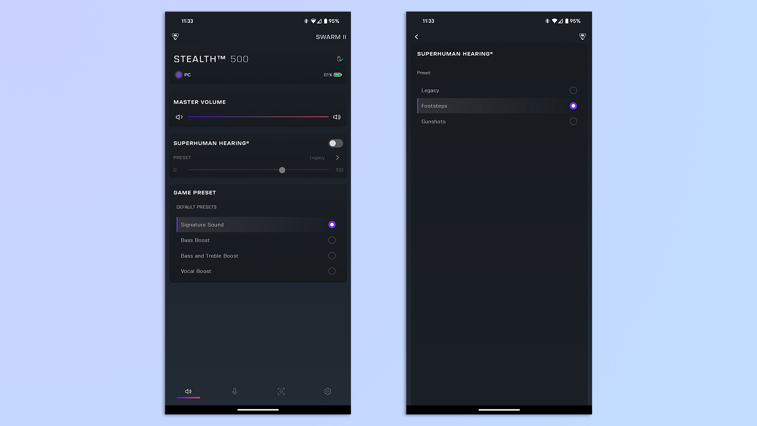 אוסף של צילומי מסך המציגים את אפליקציית Swarm II באנדרואיד