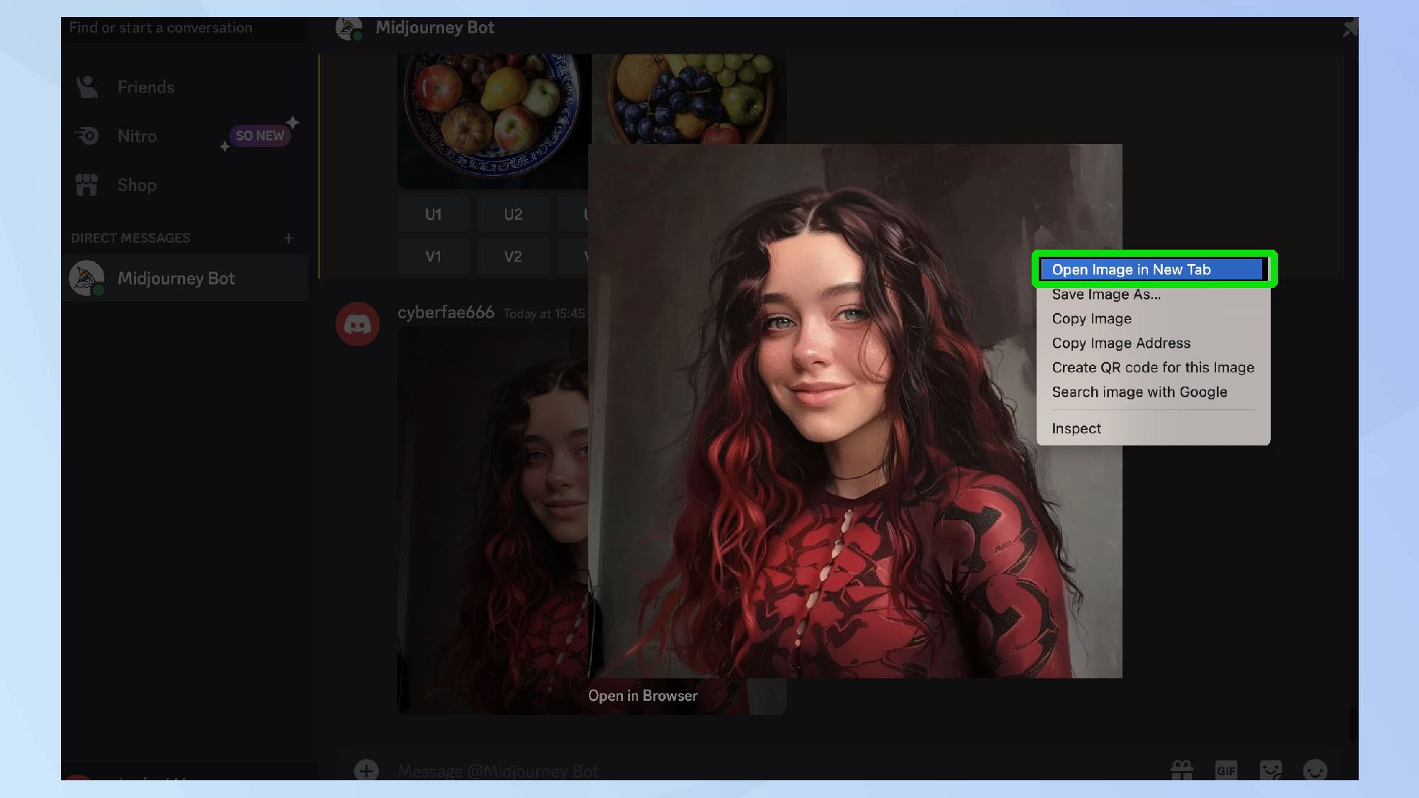 צילום מסך של תמונה פתוחה בכרטיסייה חדשה המודגשת ב-Midjourney