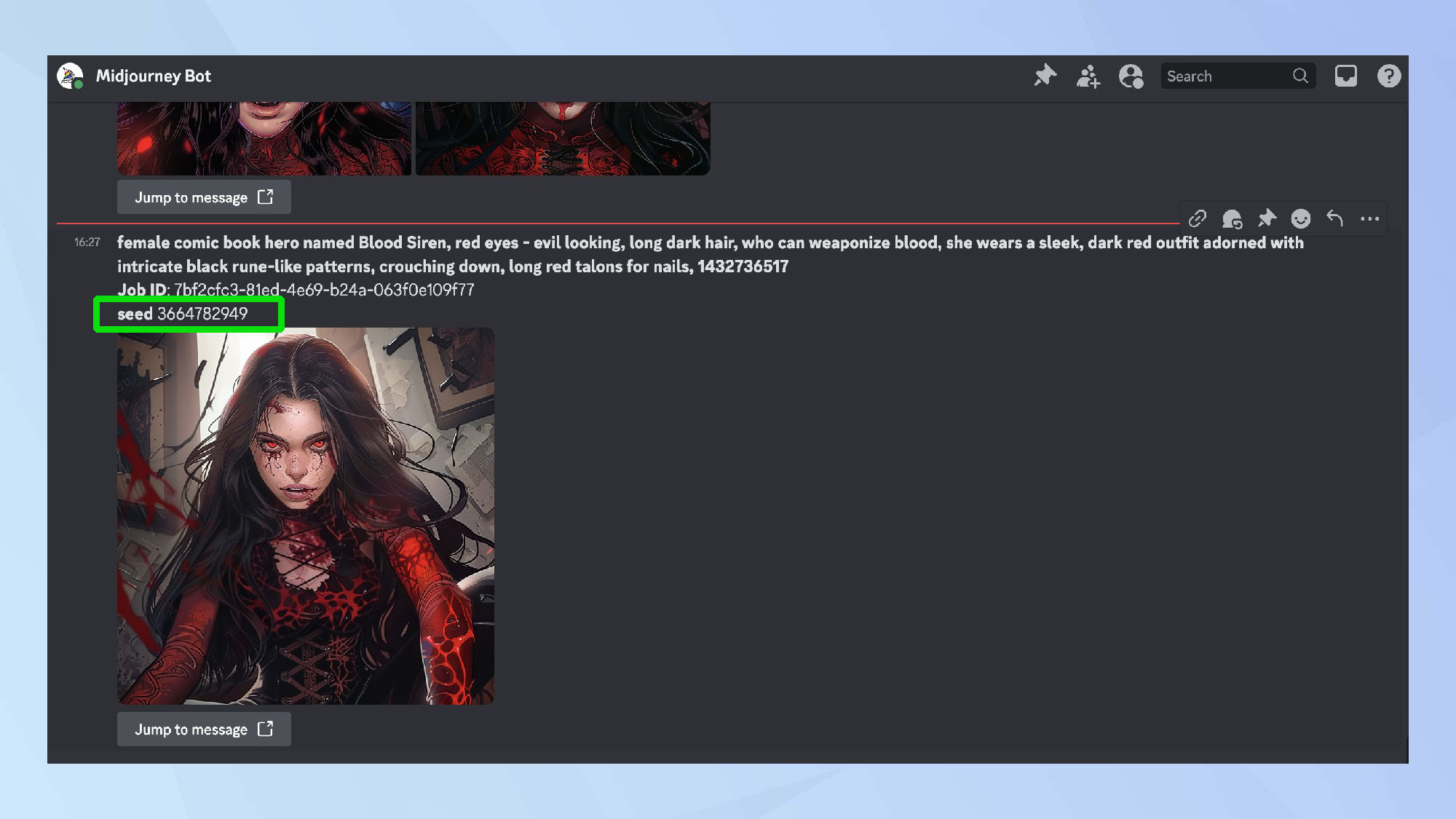 צילום מסך של מספר זרעי תמונת midjourney מודגש