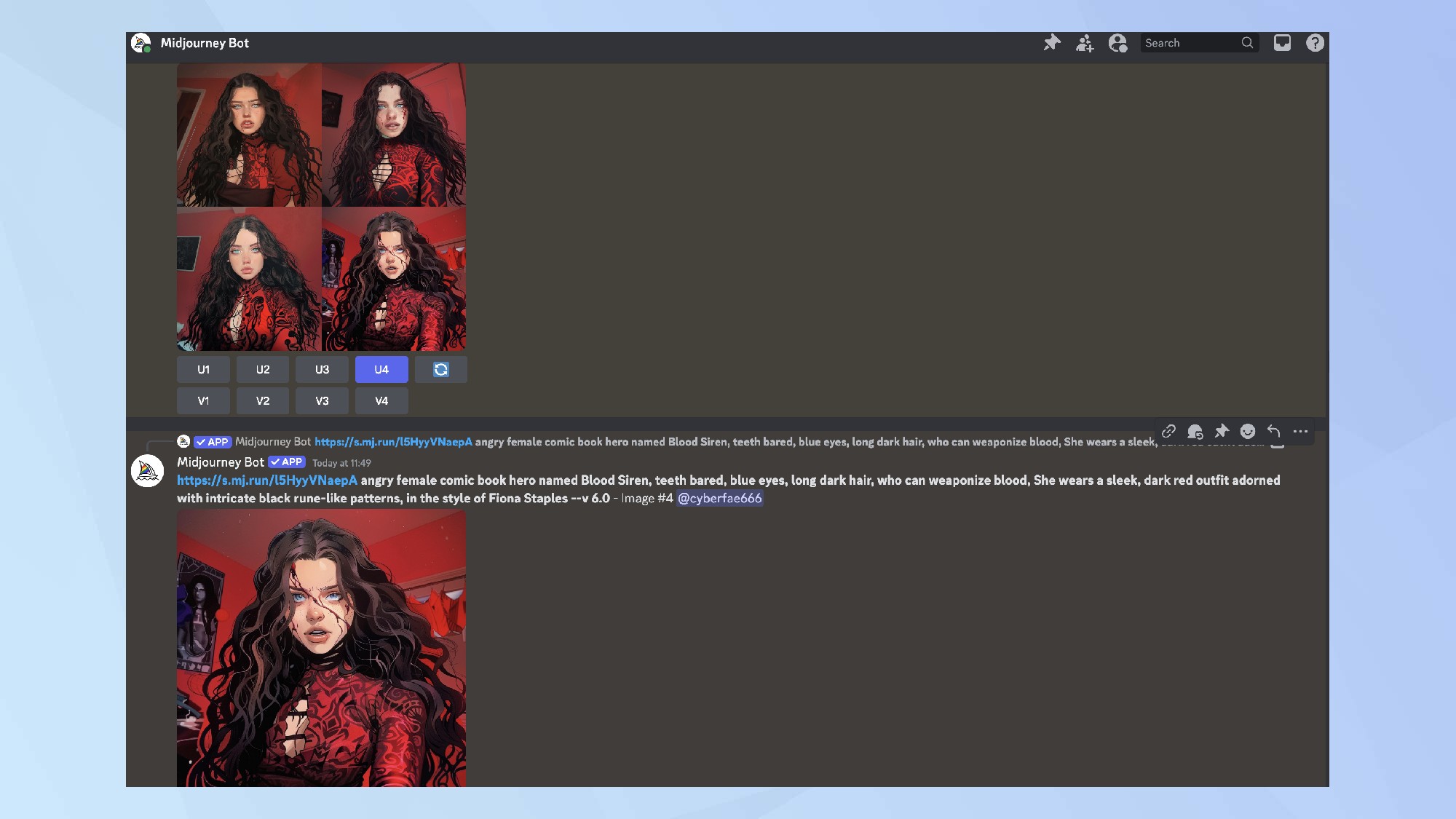 צילום מסך של Midjourney יצר תמונות של דמות גיבור על לרצועת קומיקס.