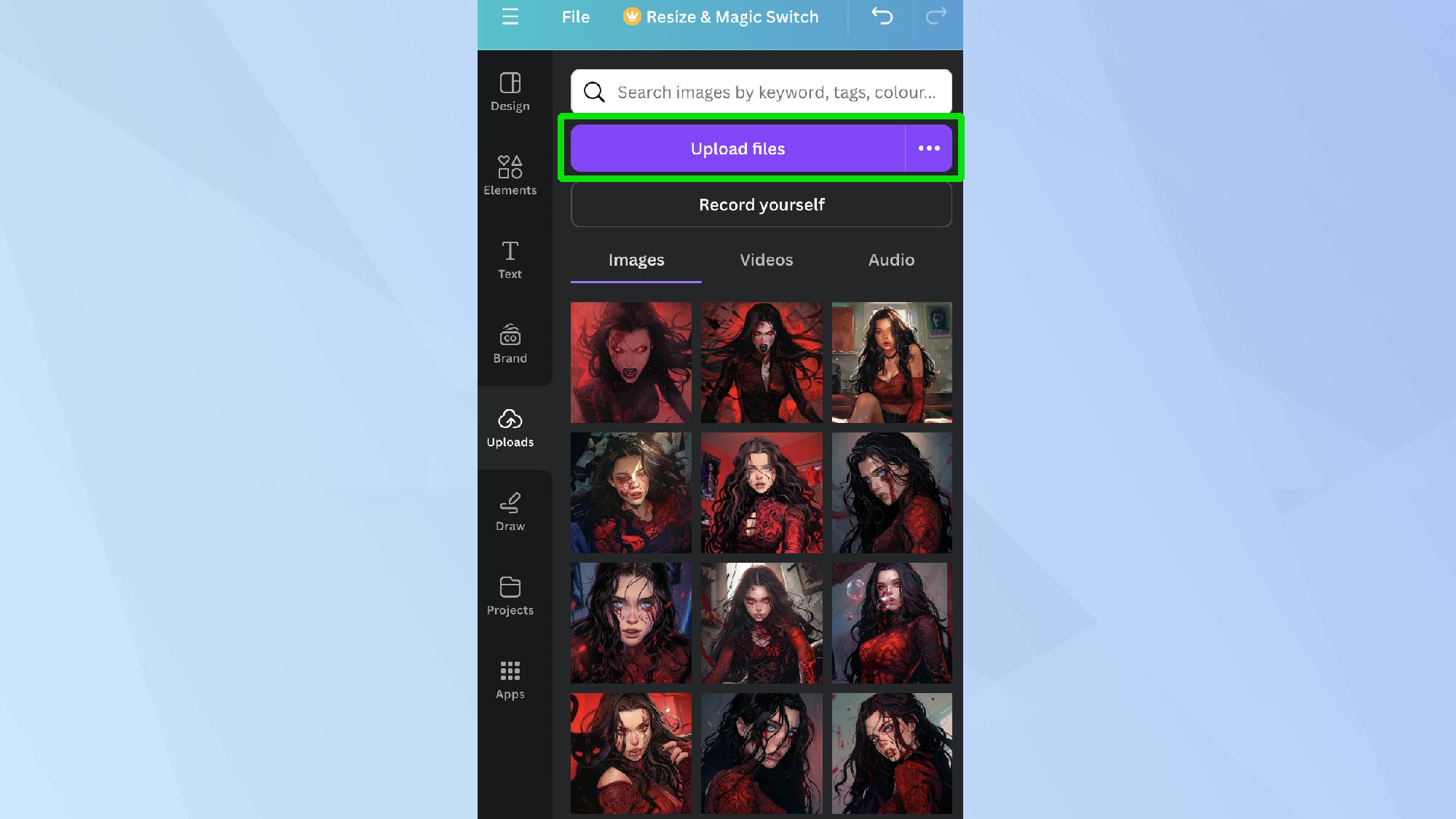 צילום מסך של ממשק Canva עם 'העלה' מודגש