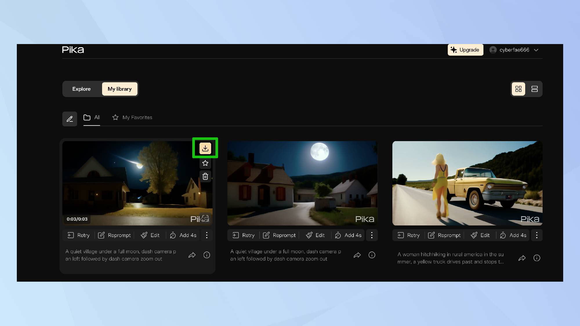 לחצן ההורדה של Pika Labs מודגש