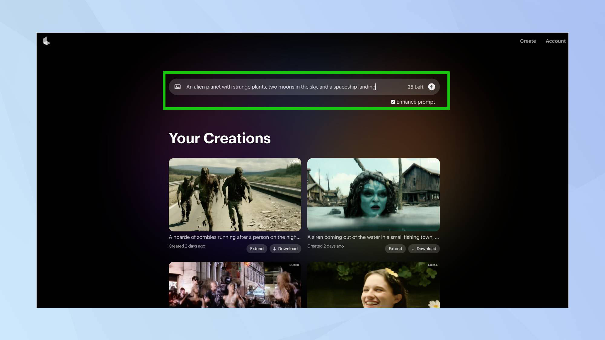 תיבת ההנחיות של Luma Dream Machine מודגשת