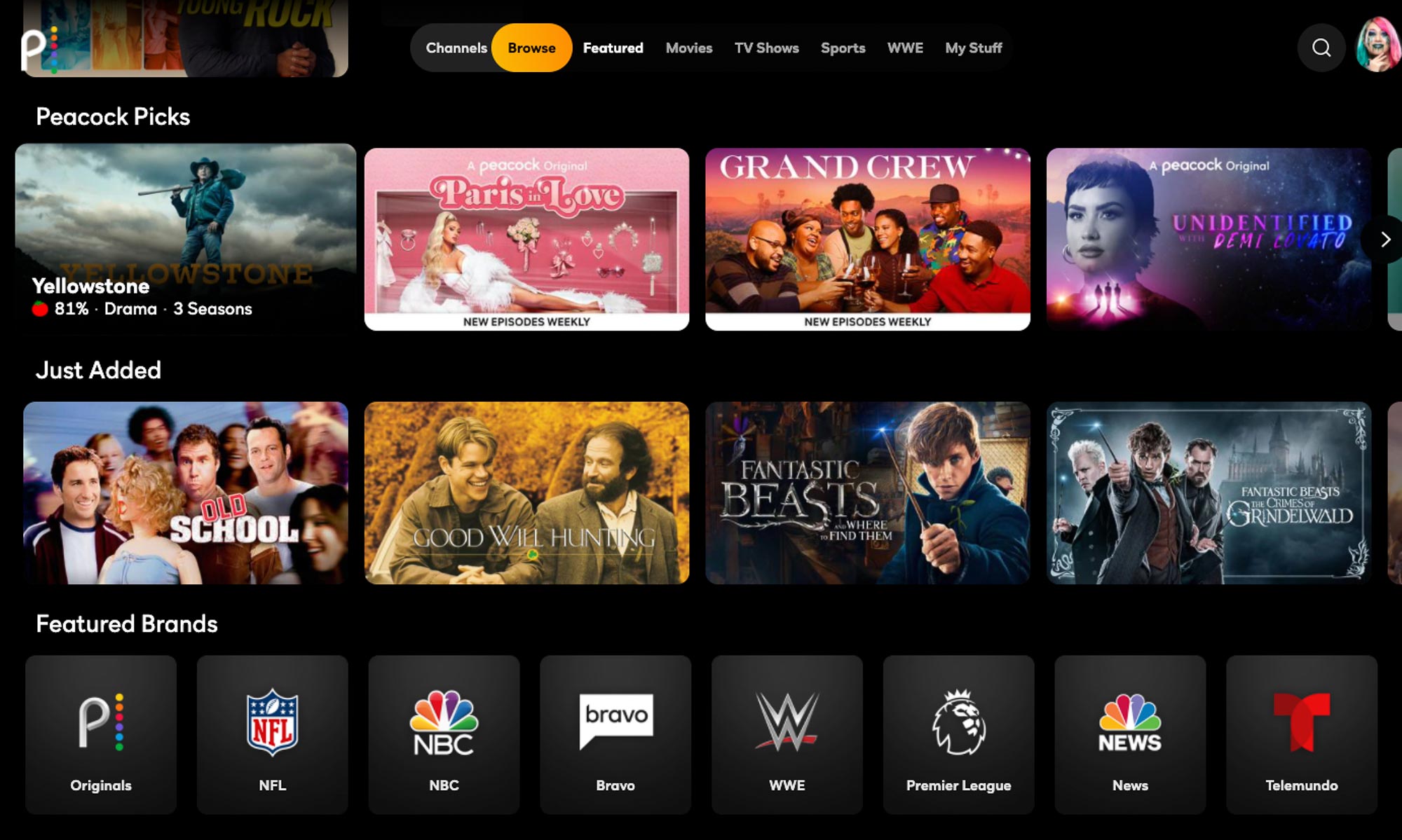 אפליקציית Peacock באינטרנט