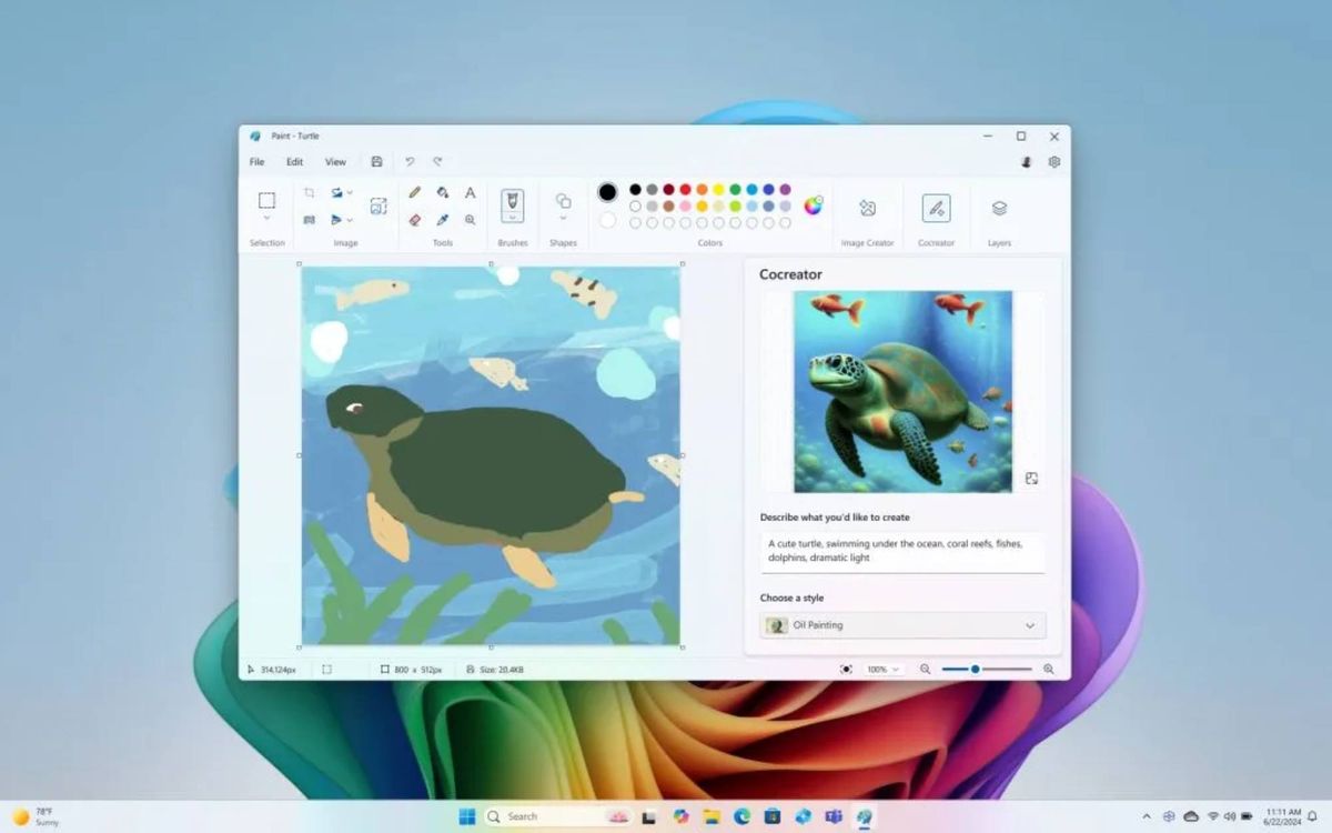 Screenshot of Microsoft Cocreator with turtle sketched in paint
