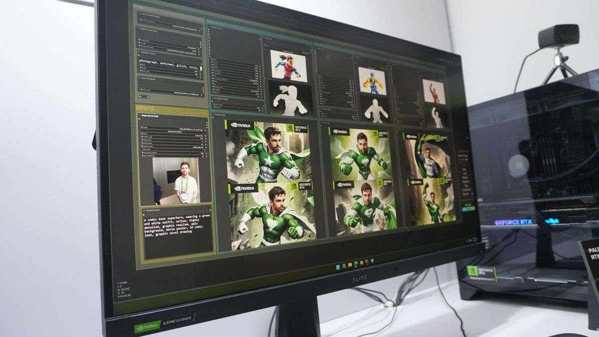 ג'ייסון אנגליה הופך לגיבור על על צג באמצעות Nvidia Stable Diffusion ו-RTX ב-Computex 2024.