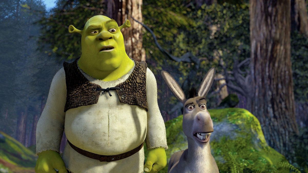 Shrek and Donkey standing side-by-side looking confused in