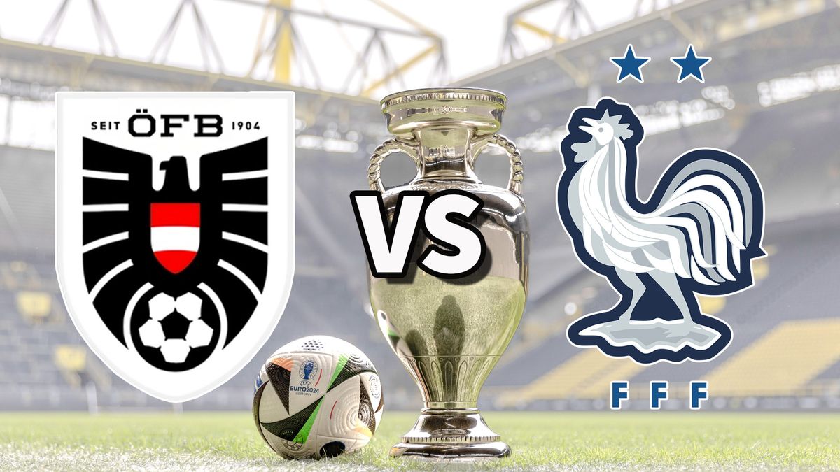 The Austria and France club badges on top of a photo of the Euro 2024 trophy and match ball