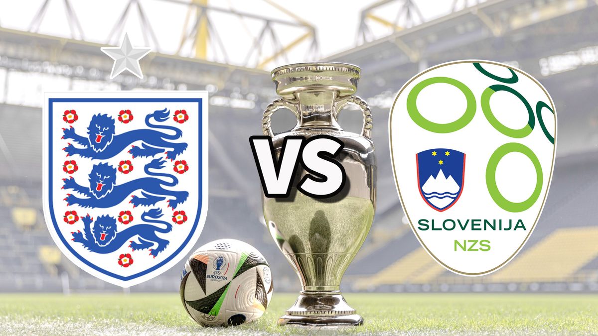 The England and Slovenia club badges on top of a photo of the Euro 2024 trophy and match ball