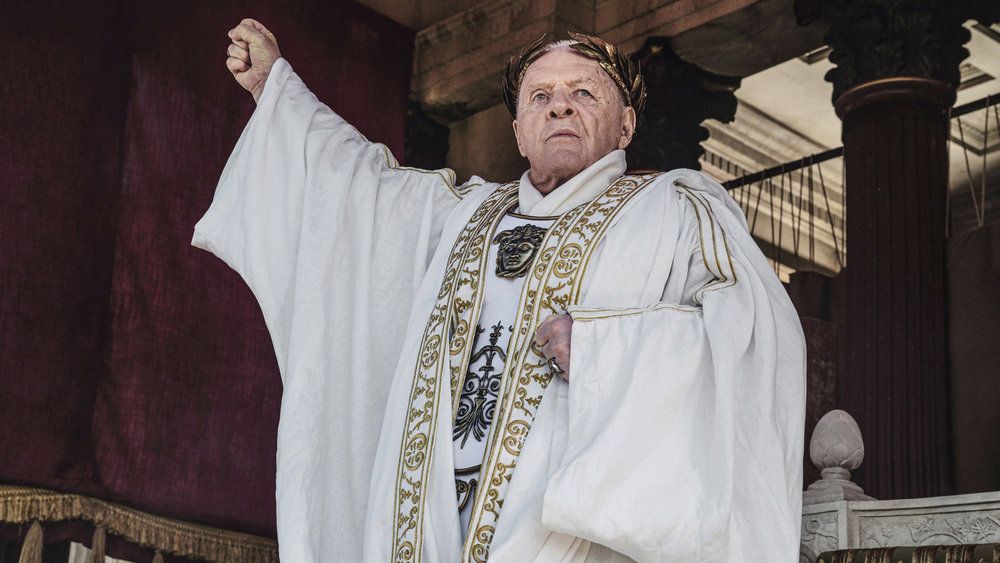Anthony Hopkins wearing white robes as Vespasian in Peacock Original
