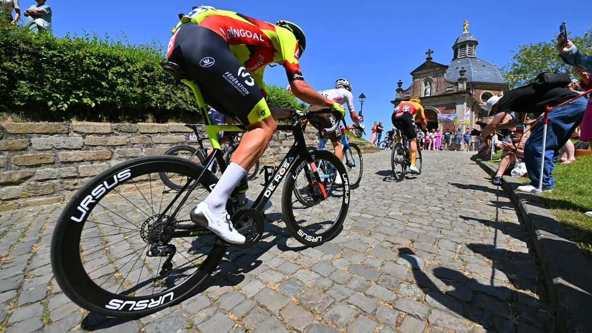 Cyclist on the dreaded cobbles of the Brussels Cycling Classic