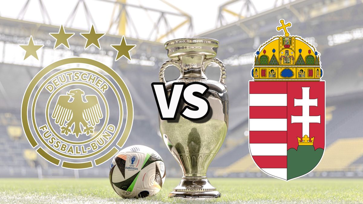 The Germany and Hungary club badges on top of a photo of the Euro 2024 trophy and match ball