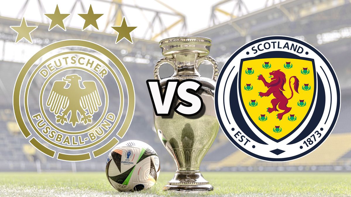 Deutschland and Scotland national football team logos either side of the Euro 2024 trophy ahead of the Germany vs Scotland live stream at the opening Euro 2024 match.