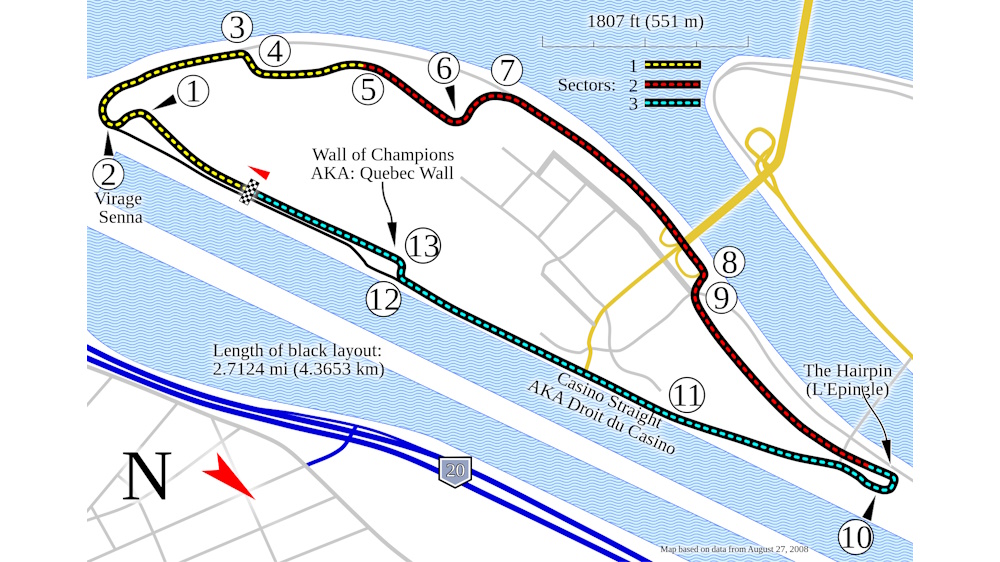 מפה של Circuit Gilles Villeneuve שהוא המקום לגראנד פרי של קנדה