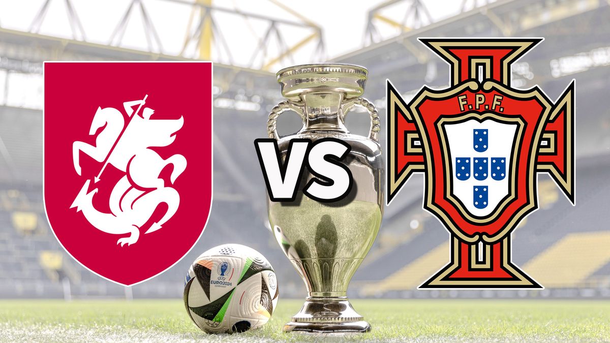 The Georgia and Portugal club badges on top of a photo of the Euro 2024 trophy and match ball