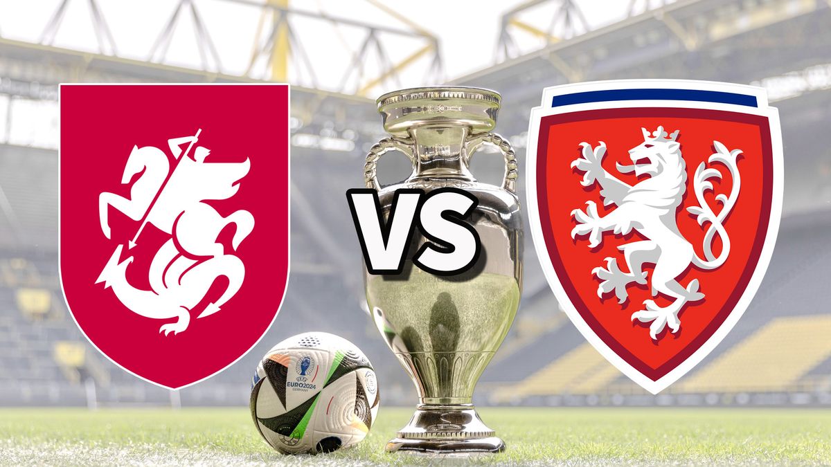 The Georgia and Czechia club badges on top of a photo of the Euro 2024 trophy and match ball
