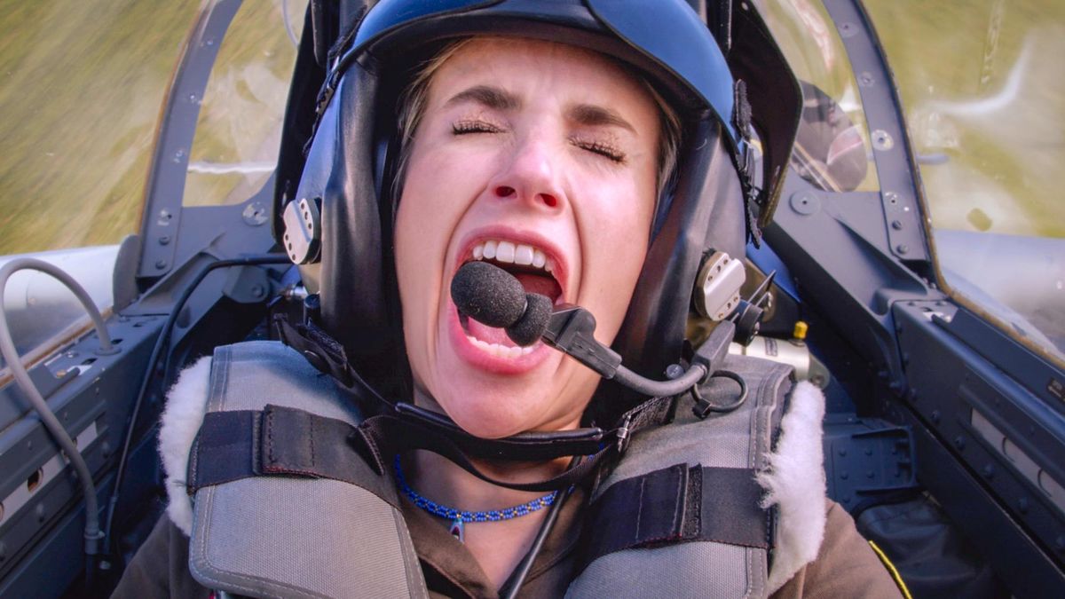 Rex (Emma Roberts) screams in the cockpit of a jet in Prime Video Original movie