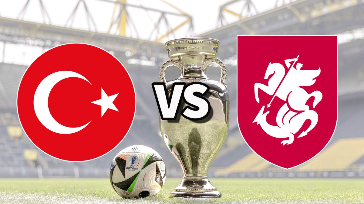 The Turkiye and Georgia club badges on top of a photo of the Euro 2024 trophy and match ball