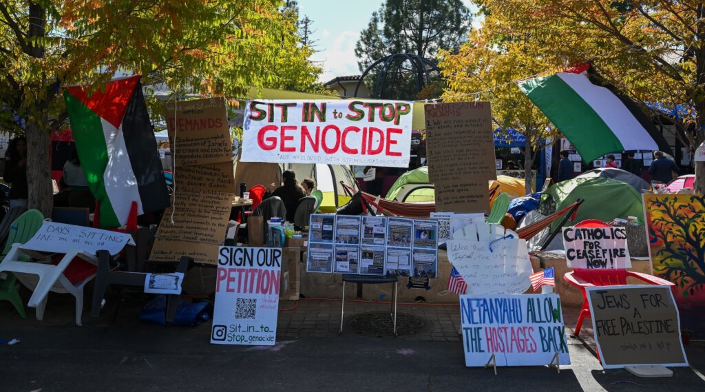 Stanford students camp out in front of the university’s White Plaza to push the school to adopt more aggressive stances against Israel, Stanford, California, November 7, 2023. (Tayfun Cokun/Anadolu via Getty Images)