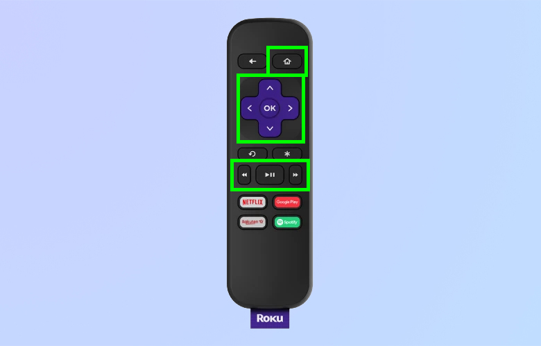 תמונה של שלט של Roku על רקע כחול, עם כפתורים שונים מסומנים בתיבות ירוקות כדי לציין באילו כפתורים המדריך ישתמש.