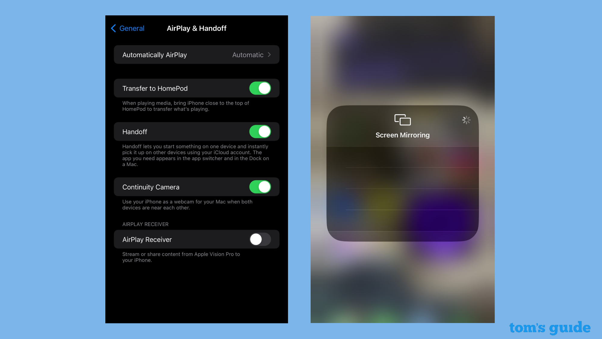 Apple Airplay בהגדרות באייפון ולוגו מסך המראה