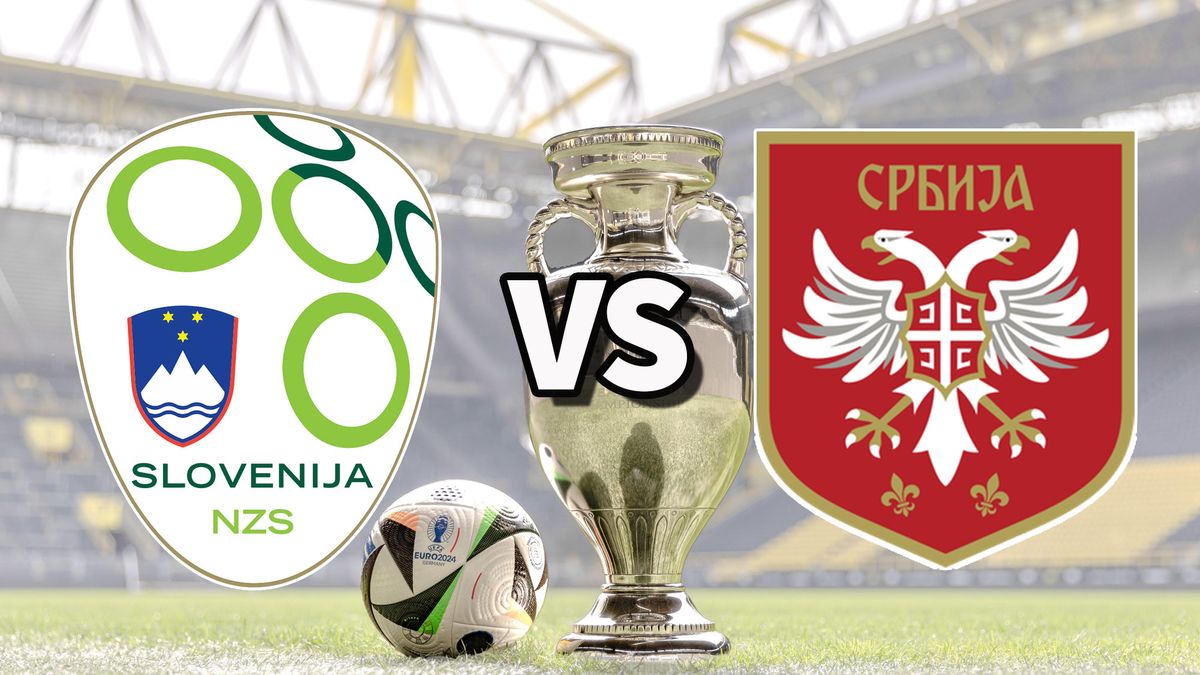 The Slovenia and Serbia club badges on top of a photo of the Euro 2024 trophy and match ball