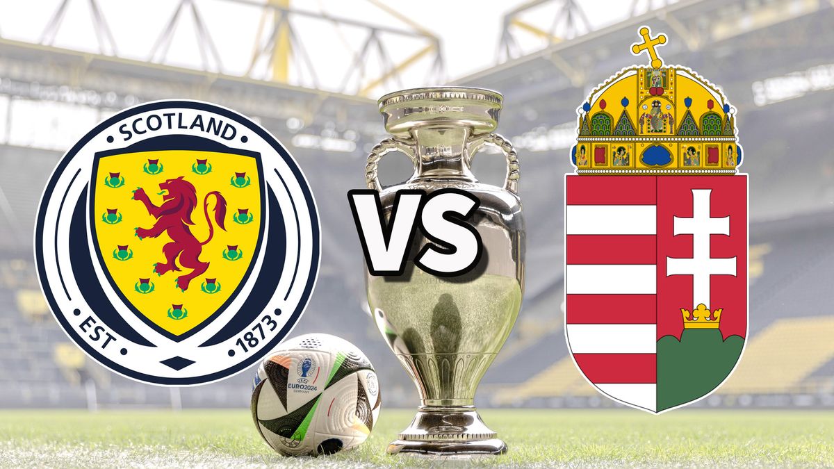 The Scotland and Hungary club badges on top of a photo of the Euro 2024 trophy and match ball