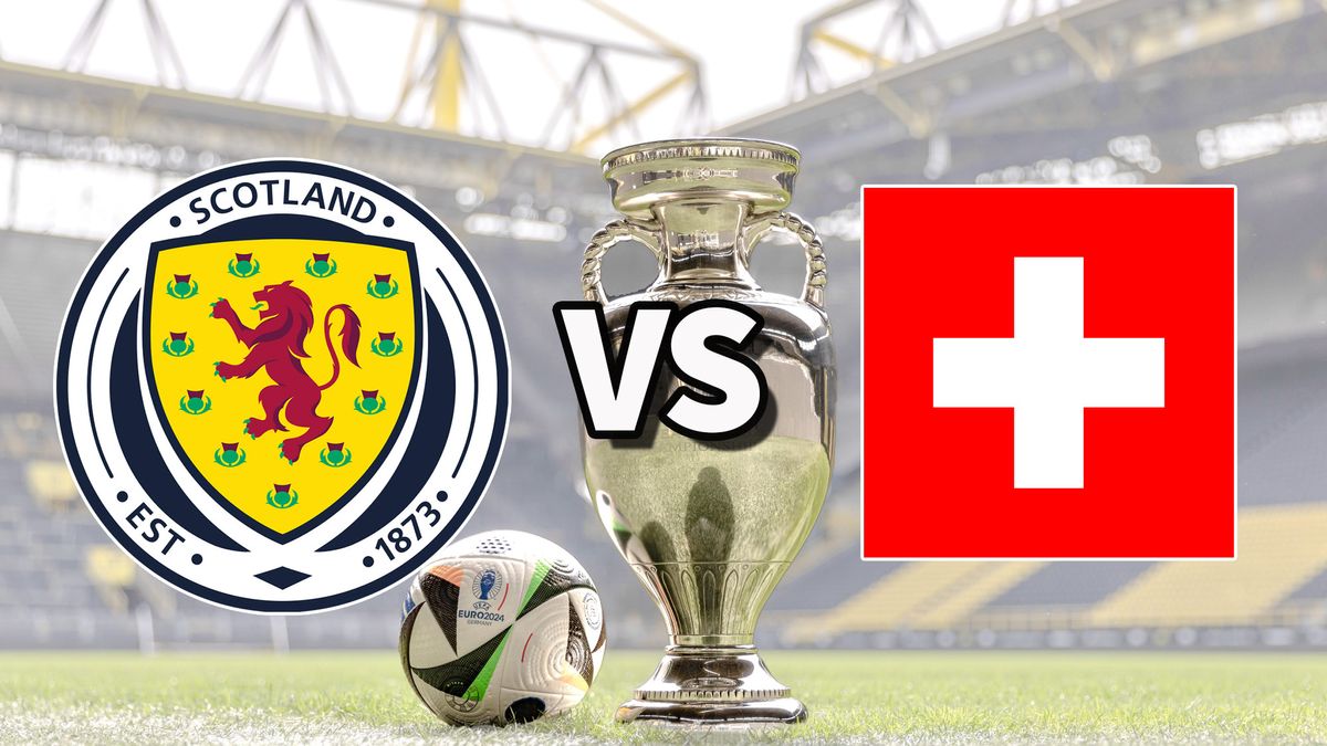 The Scotland and Switzerland club badges on top of a photo of the Euro 2024 trophy and match ball